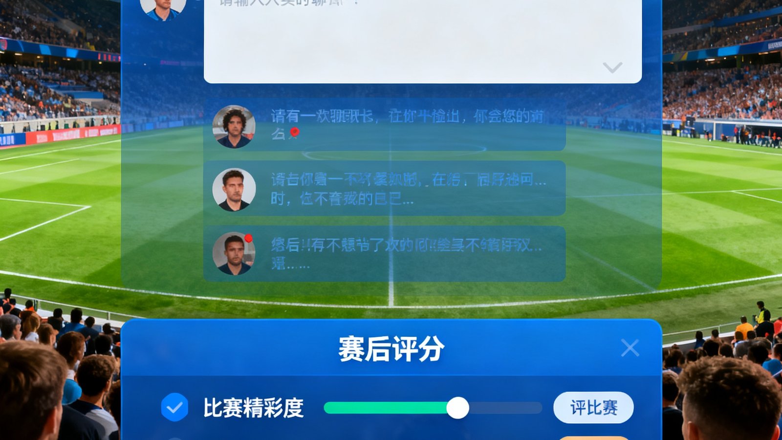 球迷社区界面包含实时聊天框和赛后评分，背景为球场氛围