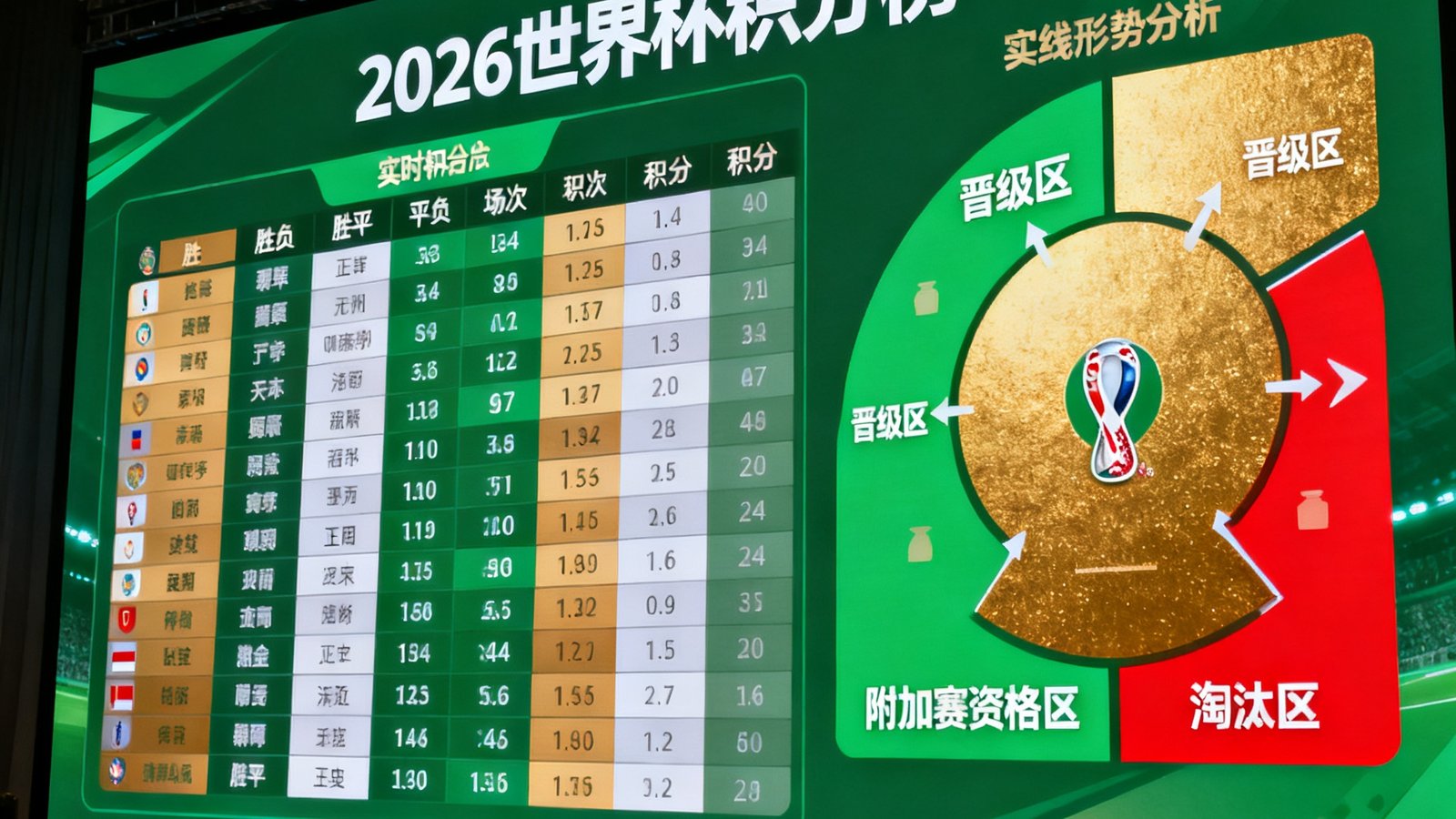 世界杯积分榜2026在超大屏幕上显示实时积分与出线形势,绿色和金色背景代表晋级区